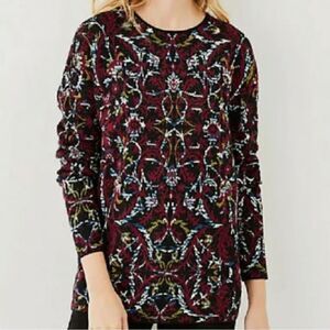 J.Jill Jacquard Tapestry Wine Floral Tunic Sweater Pullover Cotton Blend Sz MP